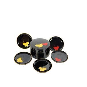 Vintage Black Lacquerware Japan Set of 5 Coasters w/matching case Butterflies